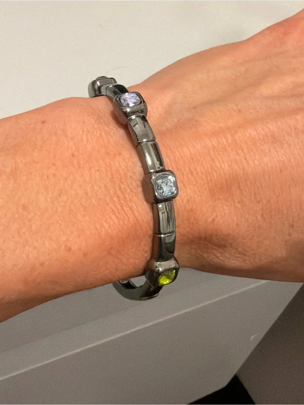 Gunmetal Multi-Stone Bangle Bracelet with Blue, Purple and Lime Accents